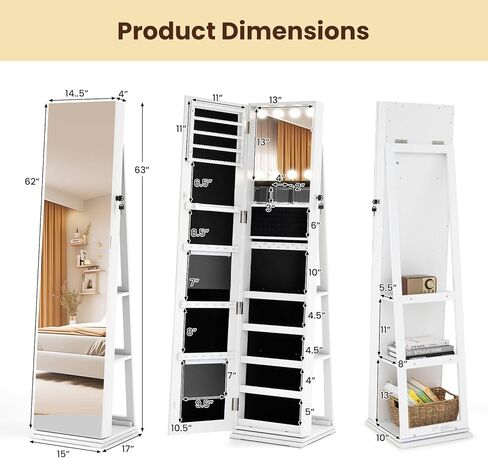 LOKO Rotating Jewelry Cabinet, Lockable Jewelry Armoire with Full-length & LED-lit Interior Mirror, 3 Light Colors, Rear Shelves, Freestanding Swivel Jewelry Organizer for Bedroom (White) in Saudi Arabia