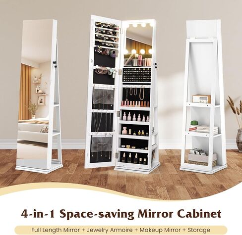 LOKO Rotating Jewelry Cabinet, Lockable Jewelry Armoire with Full-length & LED-lit Interior Mirror, 3 Light Colors, Rear Shelves, Freestanding Swivel Jewelry Organizer for Bedroom (White) in Saudi Arabia
