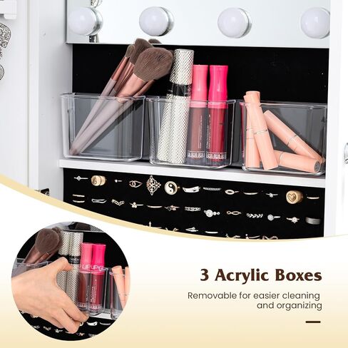 LOKO Rotating Jewelry Cabinet, Lockable Jewelry Armoire with Full-length & LED-lit Interior Mirror, 3 Light Colors, Rear Shelves, Freestanding Swivel Jewelry Organizer for Bedroom (White) in Saudi Arabia