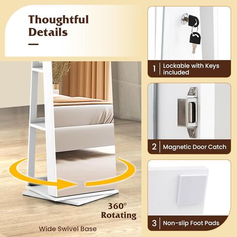 LOKO Rotating Jewelry Cabinet, Lockable Jewelry Armoire with Full-length & LED-lit Interior Mirror, 3 Light Colors, Rear Shelves, Freestanding Swivel Jewelry Organizer for Bedroom (White) in Saudi Arabia