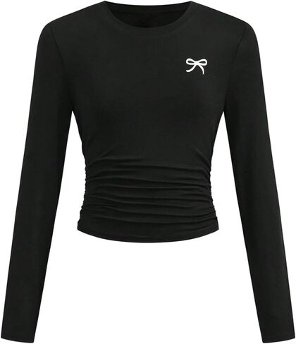 SOLY HUX Girl's Bow Graphic Tees Y2k Ruched Long Sleeve Crew Neck T Shirt Cute Fall Tops in Saudi Arabia