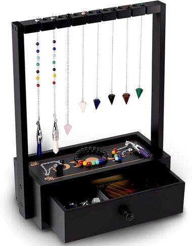 Wooden Pendulum Stand,Crystal Pendulum Display Holder for 15 Pendants,Crystal Necklace Holder with Drawer for Wiccan Decor,Witch Supplies (Black) in Saudi Arabia