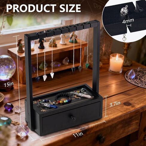Wooden Pendulum Stand,Crystal Pendulum Display Holder for 15 Pendants,Crystal Necklace Holder with Drawer for Wiccan Decor,Witch Supplies (Black) in Saudi Arabia