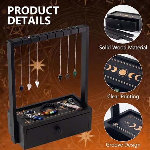 Wooden Pendulum Stand,Crystal Pendulum Display Holder for 15 Pendants,Crystal Necklace Holder with Drawer for Wiccan Decor,Witch Supplies (Black) in Saudi Arabia