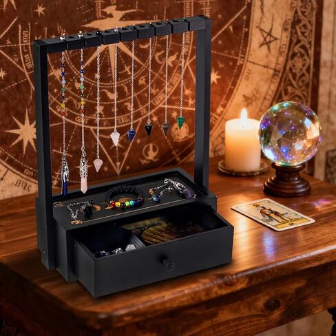 Wooden Pendulum Stand,Crystal Pendulum Display Holder for 15 Pendants,Crystal Necklace Holder with Drawer for Wiccan Decor,Witch Supplies (Black) in Saudi Arabia