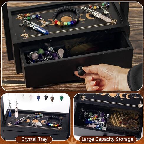 Wooden Pendulum Stand,Crystal Pendulum Display Holder for 15 Pendants,Crystal Necklace Holder with Drawer for Wiccan Decor,Witch Supplies (Black) in Saudi Arabia