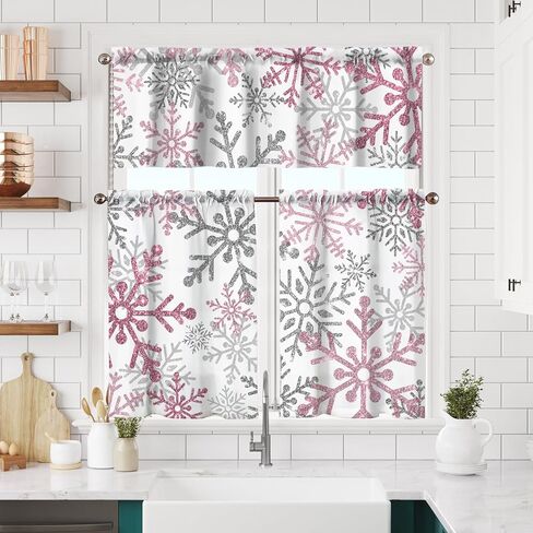 Winter Kitchen Curtains Short and Valance Set Pink Snowflake Dining Room Fabric Curtain Drapes Holiday Cafe Curtains Valance for Home Decor in Saudi Arabia