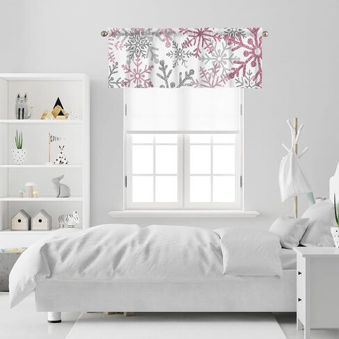 Winter Kitchen Curtains Short and Valance Set Pink Snowflake Dining Room Fabric Curtain Drapes Holiday Cafe Curtains Valance for Home Decor in Saudi Arabia