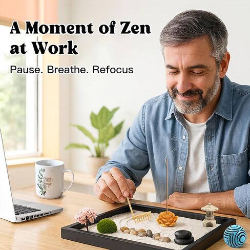 مجموعة Zen Garden لديكور المكتب - حديقة رملية صغيرة يابانية مع أكثر من 10 أدوات وملحقات، مكابس الخيزران، بوابة توري، حامل البخور وصندوق الهدايا - زينة مكتب لتخفيف التوتر للمنزل والمكتب in Kuwait