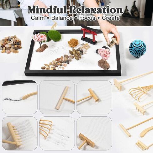 مجموعة Zen Garden لديكور المكتب - حديقة رملية صغيرة يابانية مع أكثر من 10 أدوات وملحقات، مكابس الخيزران، بوابة توري، حامل البخور وصندوق الهدايا - زينة مكتب لتخفيف التوتر للمنزل والمكتب in Kuwait
