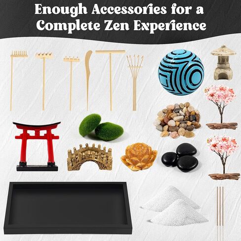 مجموعة Zen Garden لديكور المكتب - حديقة رملية صغيرة يابانية مع أكثر من 10 أدوات وملحقات، مكابس الخيزران، بوابة توري، حامل البخور وصندوق الهدايا - زينة مكتب لتخفيف التوتر للمنزل والمكتب in Kuwait