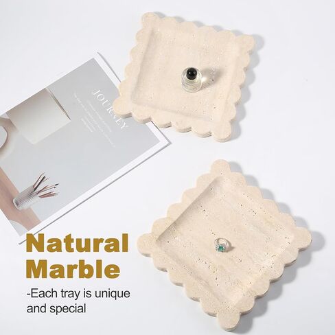 Travertine Decorative Tray, 7.8in Marble Scallop Edge Tray, Square Bathroom Trays for Jewelry Perfume, Vanity, Coffee Table, Beige Stone Trinket Dish for Woman, Dresser Décor Gift in Saudi Arabia