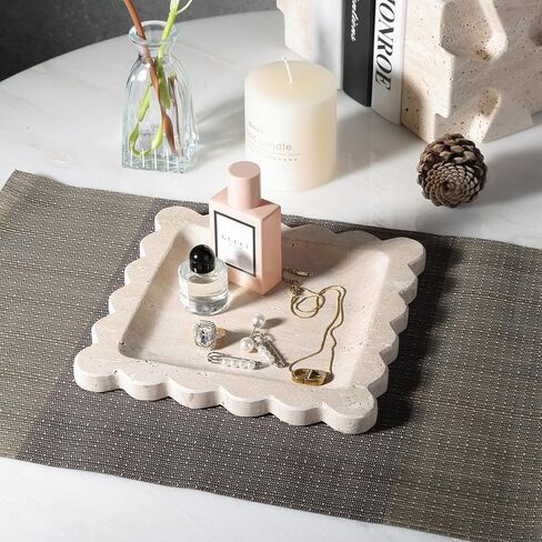 Travertine Decorative Tray, 7.8in Marble Scallop Edge Tray, Square Bathroom Trays for Jewelry Perfume, Vanity, Coffee Table, Beige Stone Trinket Dish for Woman, Dresser Décor Gift in Saudi Arabia