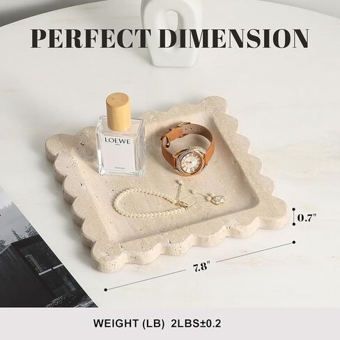 Travertine Decorative Tray, 7.8in Marble Scallop Edge Tray, Square Bathroom Trays for Jewelry Perfume, Vanity, Coffee Table, Beige Stone Trinket Dish for Woman, Dresser Décor Gift in Saudi Arabia