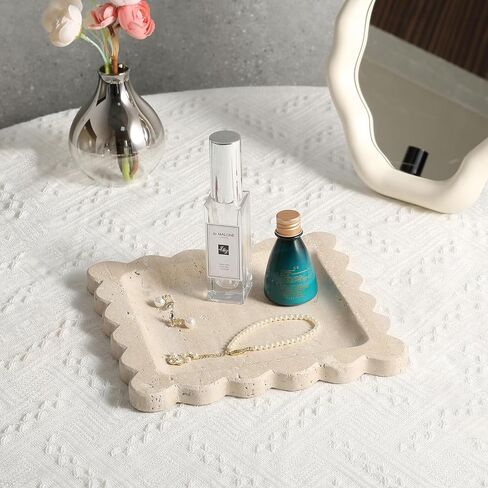 Travertine Decorative Tray, 7.8in Marble Scallop Edge Tray, Square Bathroom Trays for Jewelry Perfume, Vanity, Coffee Table, Beige Stone Trinket Dish for Woman, Dresser Décor Gift in Saudi Arabia