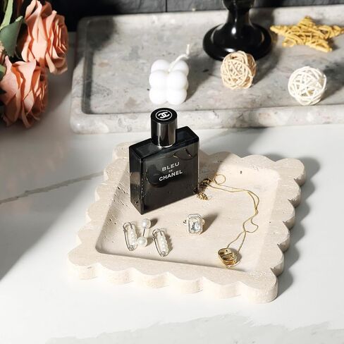Travertine Decorative Tray, 7.8in Marble Scallop Edge Tray, Square Bathroom Trays for Jewelry Perfume, Vanity, Coffee Table, Beige Stone Trinket Dish for Woman, Dresser Décor Gift in Saudi Arabia