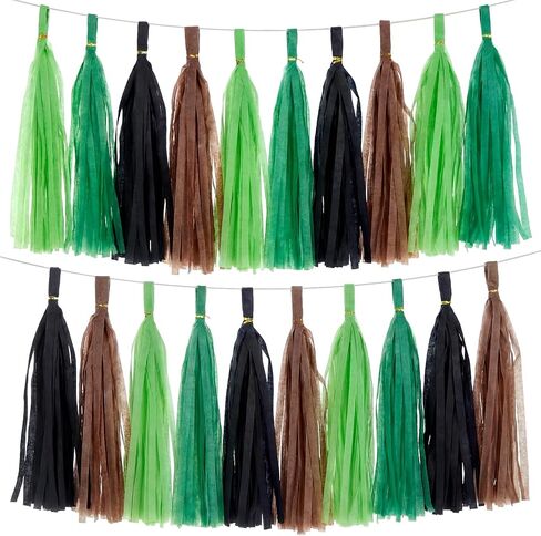 Epakh 20 Packs Black/Green/Brown Tassel Garland Banner Paper Tassels for Pixel Party Decorations, Video Game Birthday Supplies, Dinosaur Jungle Camo Army Camp Natural Theme Green Party Decor in Saudi Arabia