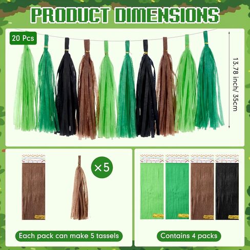 Epakh 20 Packs Black/Green/Brown Tassel Garland Banner Paper Tassels for Pixel Party Decorations, Video Game Birthday Supplies, Dinosaur Jungle Camo Army Camp Natural Theme Green Party Decor in Saudi Arabia