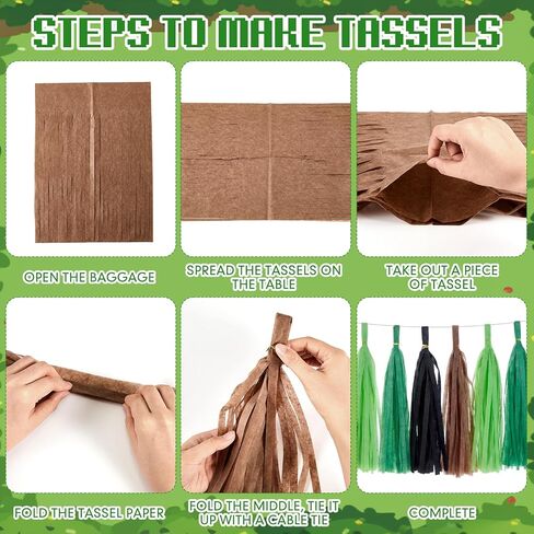 Epakh 20 Packs Black/Green/Brown Tassel Garland Banner Paper Tassels for Pixel Party Decorations, Video Game Birthday Supplies, Dinosaur Jungle Camo Army Camp Natural Theme Green Party Decor in Saudi Arabia