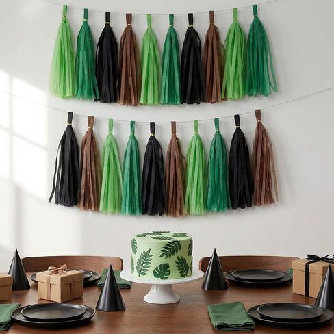 Epakh 20 Packs Black/Green/Brown Tassel Garland Banner Paper Tassels for Pixel Party Decorations, Video Game Birthday Supplies, Dinosaur Jungle Camo Army Camp Natural Theme Green Party Decor in Saudi Arabia