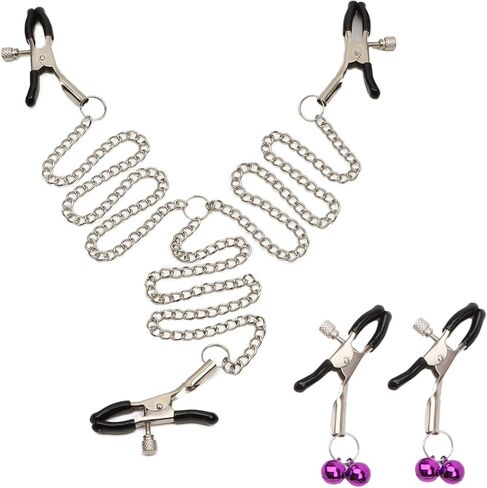 مجوهرات الجسم غير ثقب الحلمة المشابك مع سلسلة قلادة الفولاذ المقاوم للصدأ الجسم سلسلة وهمية الجسم مجوهرات حلقة الحلمة كليب للعب الكبار للنساء هدية - Sliver_Purple in Kuwait