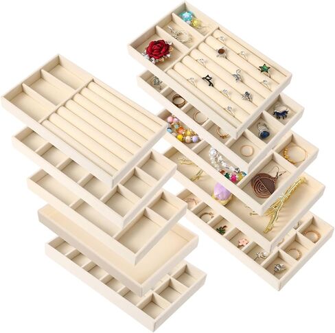 Set of 10 Velvet Jewelry Trays Organizer for Drawer, Stackable Jewelry Drawer Organizers Necklace Bracelet Display Case Storage for Earring Ring Brooch Watch 5 Styles (Beige) in Saudi Arabia