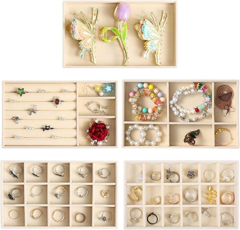 Set of 10 Velvet Jewelry Trays Organizer for Drawer, Stackable Jewelry Drawer Organizers Necklace Bracelet Display Case Storage for Earring Ring Brooch Watch 5 Styles (Beige) in Saudi Arabia