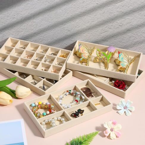 Set of 10 Velvet Jewelry Trays Organizer for Drawer, Stackable Jewelry Drawer Organizers Necklace Bracelet Display Case Storage for Earring Ring Brooch Watch 5 Styles (Beige) in Saudi Arabia