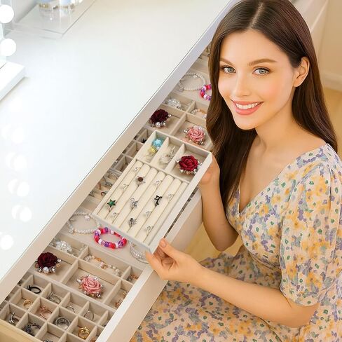 Set of 10 Velvet Jewelry Trays Organizer for Drawer, Stackable Jewelry Drawer Organizers Necklace Bracelet Display Case Storage for Earring Ring Brooch Watch 5 Styles (Beige) in Saudi Arabia