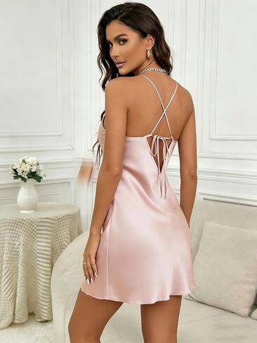 Women's Cami Nightdress, Back Criss Cross Design Slip Sleep Dress, Sleeveless Sexy Lounge Nightwear for Women in Saudi Arabia