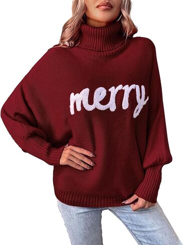 Muineobuka Women Merry Sweaters Turtleneck Long Sleeve Letter Embroidery Loose Knitted Pullover Merry Christmas Sweater in Saudi Arabia
