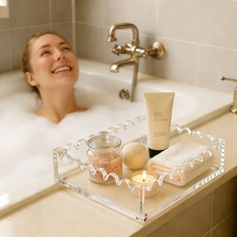 Acrylic Tray with Ultra-Strong Magnetic Mat- 7.9×7.9 Customizable Serving & Display Tray, Clear Scalloped Vanity Jewelry Organizer, Picture Frame Bathroom Tray Decor, Unique Gift for Women Girls in Saudi Arabia
