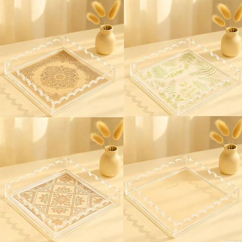Acrylic Tray with Ultra-Strong Magnetic Mat- 7.9×7.9 Customizable Serving & Display Tray, Clear Scalloped Vanity Jewelry Organizer, Picture Frame Bathroom Tray Decor, Unique Gift for Women Girls in Saudi Arabia