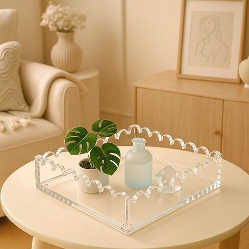 Acrylic Tray with Ultra-Strong Magnetic Mat- 7.9×7.9 Customizable Serving & Display Tray, Clear Scalloped Vanity Jewelry Organizer, Picture Frame Bathroom Tray Decor, Unique Gift for Women Girls in Saudi Arabia