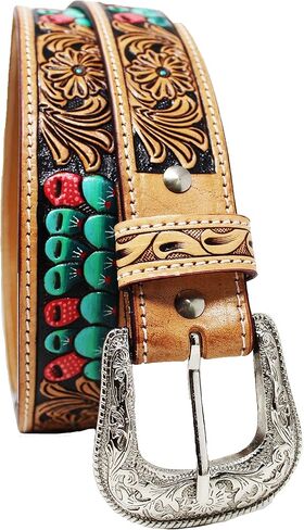 CHALLENGER 26 Western Antique Basket Weave Tooled Beaded Full-Grain Leather Belt 26FK56 in Saudi Arabia