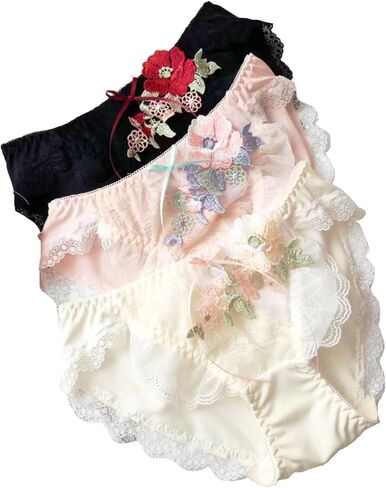 Women's Lace Trim Ruffle Panties with Floral Applique, Delicate Lace Petite Cute Lace Underwear for Women 3-Pack in Saudi Arabia