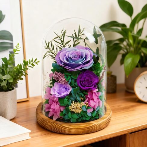 jabeick Forever Fresh Flowers Bouquet in Glass Dome with Light Preserved Purple Roses Long-Lasting Real Flowers Gifts for Women on Valentines Day & Mothers Day Birthday Anniversaries in Saudi Arabia
