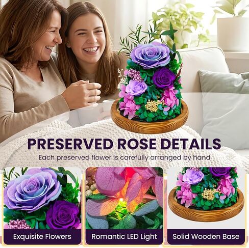 jabeick Forever Fresh Flowers Bouquet in Glass Dome with Light Preserved Purple Roses Long-Lasting Real Flowers Gifts for Women on Valentines Day & Mothers Day Birthday Anniversaries in Saudi Arabia
