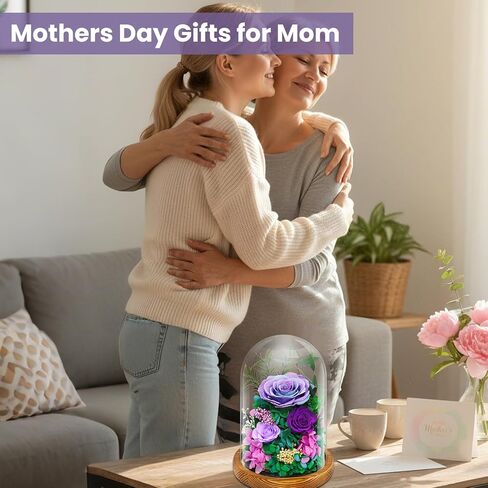 jabeick Forever Fresh Flowers Bouquet in Glass Dome with Light Preserved Purple Roses Long-Lasting Real Flowers Gifts for Women on Valentines Day & Mothers Day Birthday Anniversaries in Saudi Arabia