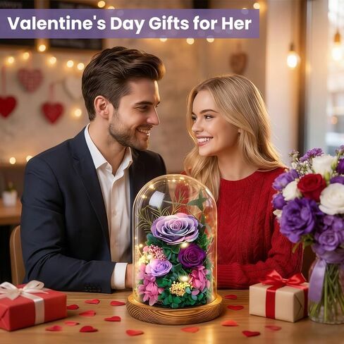 jabeick Forever Fresh Flowers Bouquet in Glass Dome with Light Preserved Purple Roses Long-Lasting Real Flowers Gifts for Women on Valentines Day & Mothers Day Birthday Anniversaries in Saudi Arabia