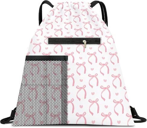 Drawstring Backpack Sports Gym Bag, Large String Swim Bag for Beach With Water Bottle Mesh Pocket, Cute Gym Sack with Zipper Pocket for Men Women Cute Pink Bows in Saudi Arabia