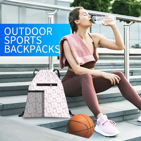 Drawstring Backpack Sports Gym Bag, Large String Swim Bag for Beach With Water Bottle Mesh Pocket, Cute Gym Sack with Zipper Pocket for Men Women Cute Pink Bows in Saudi Arabia