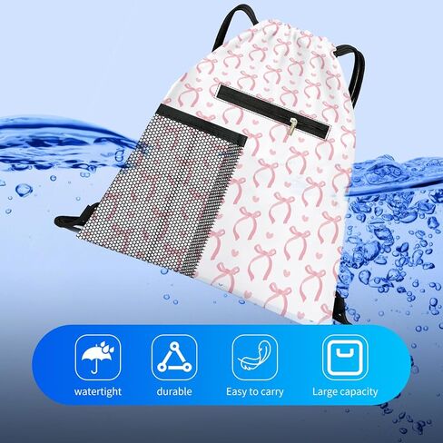Drawstring Backpack Sports Gym Bag, Large String Swim Bag for Beach With Water Bottle Mesh Pocket, Cute Gym Sack with Zipper Pocket for Men Women Cute Pink Bows in Saudi Arabia