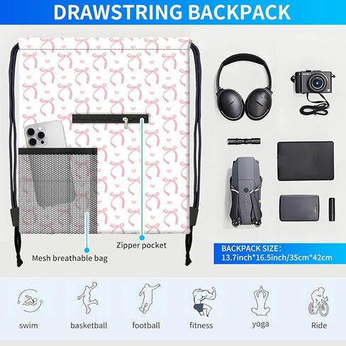 Drawstring Backpack Sports Gym Bag, Large String Swim Bag for Beach With Water Bottle Mesh Pocket, Cute Gym Sack with Zipper Pocket for Men Women Cute Pink Bows in Saudi Arabia