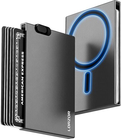 محفظة LORZOR Slim Magsafe للرجال: حامل بطاقات مغناطيسي قوي لهاتف iPhone - محفظة ذكية منبثقة بسيطة مع خاصية حجب RFID لـ 5 بطاقات ائتمان، وملصق Mag Safe وصندوق هدايا متضمن (أسود) in Kuwait