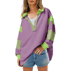 SENSERISE Womens Oversized Striped Shirt Long Sleeve Color Block Tops Casual V Neck Polo Shirts Pullover(Purple,L) in Kuwait
