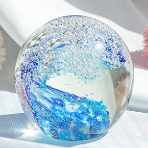 التماثيل الزخرفية الكريستال الكرة أمواج المحيط ثقالة الورق الزجاج المنفوخ ديكور البحر الفن المحيط عشاق هدية الأزرق العنبر 3.15" in Kuwait