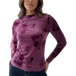 Women's Velvet Burnout Top Slim Fit Long Sleeve Blouse Mock Neck Party Evening Floral Elegant Shirts in Saudi Arabia