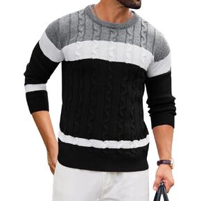 LecGee Mens Contrast Color Patchwork Sweater Crewneck Cable Knit Pullover Sweater Casual Twist Textured Sweaters in Saudi Arabia