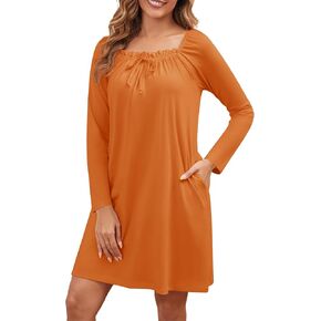 قمصان نوم قطنية للنساء، فستان منزلي ناعم بأكمام طويلة، قميص نوم لطيف مكشكش، قمصان نوم، ملابس نوم مع جيوب in Kuwait